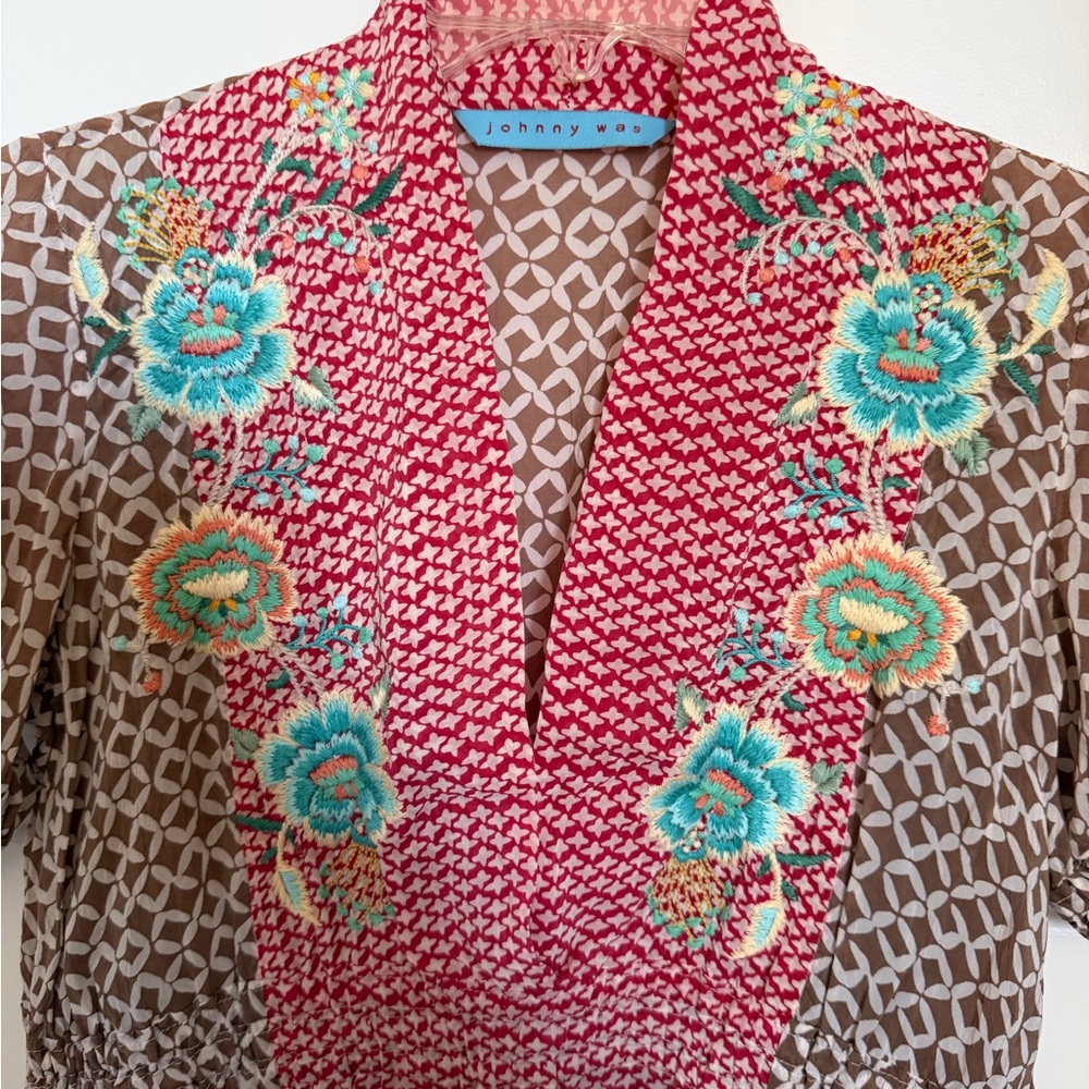 Johnny was embroidered Boho Midi dress, silk lined floral short sleeve size xs - Picture 5 of 10